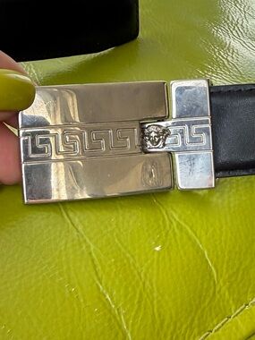 Versace Silver Greek Key Medusa Buckle Black Leather Belt